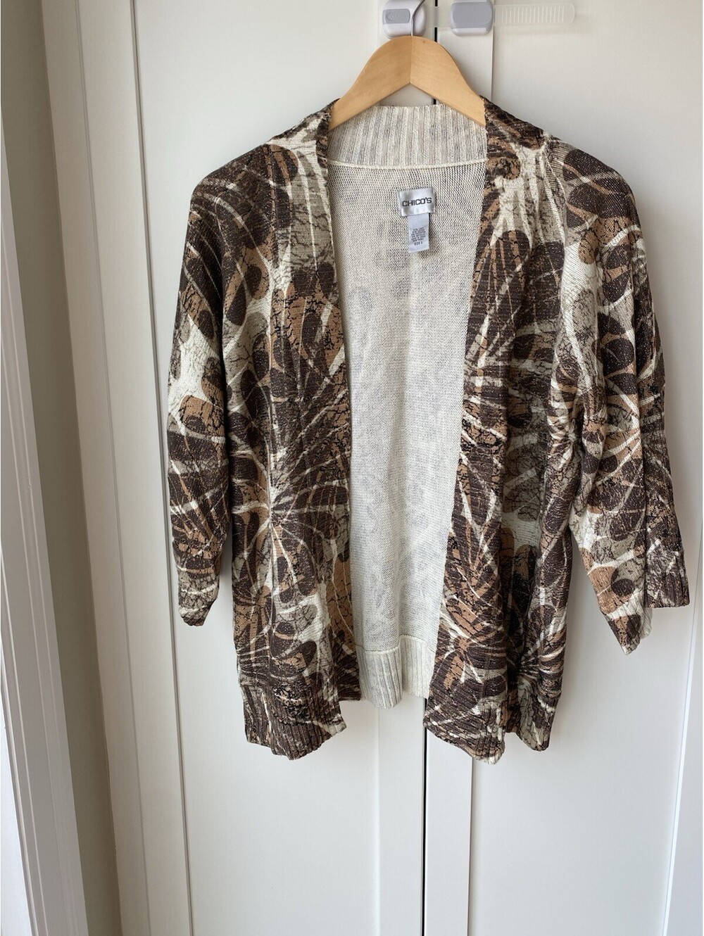 Chicos Cardigan Sweater Open Linen Blend Flora Brown Ivory Shimmer Size 2 Large